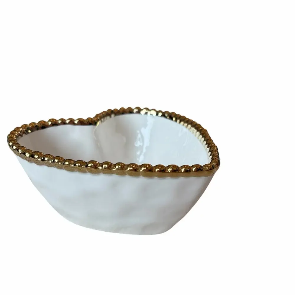 White Heart Shaped Serving Bowl 6in Ceramic w/ Gold Beaded Rim NEW